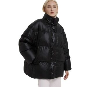 GENTLE HERD Black Faux Leather Puffer Jacket High Collar Quilted Winter Coat MED